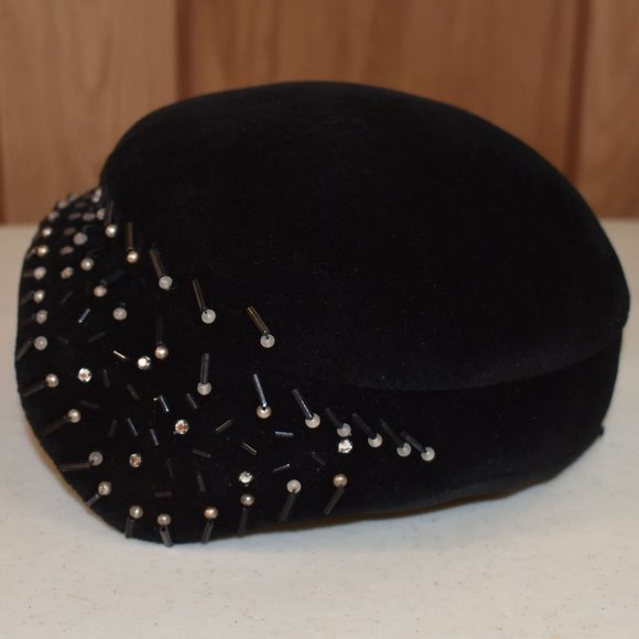 Vintage Biak Black Cocktail Hat Rhinestones Faux Pearls Juliet Cap Made in Italy - Picture 2 of 13